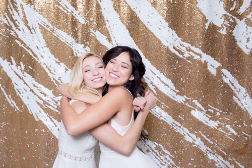 Milestone Photo Booth Rental NJ White Gold Carat Colored Mermaid Sequin Backdrop Open Air Special Event Blonde Brunette Models Keyport New Jersey New York Pennsylvania
