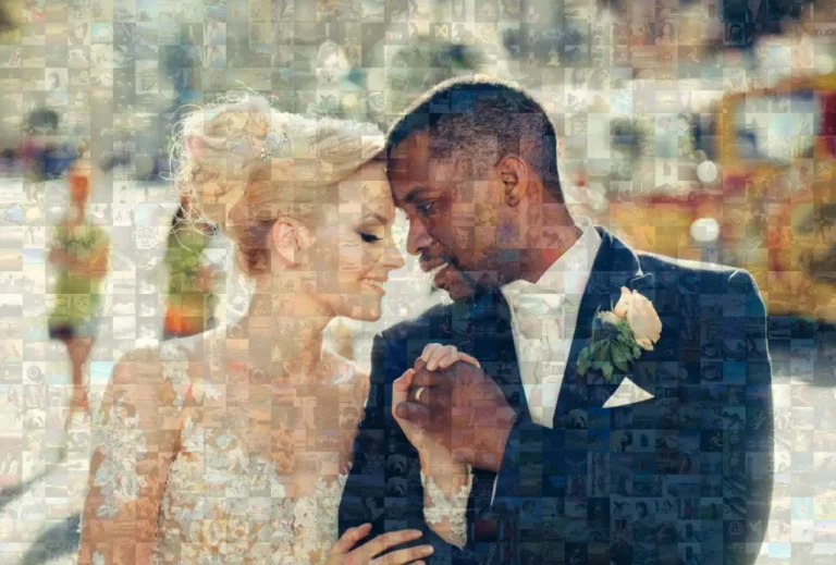"Interactive Mosaic Photo Wall at a Wedding event featuring various images of guests, creating a visually stunning display. The photo wall serves as both entertainment and a marketing tool, displaying the weddding couples photo prominently in the center of the mosaic.