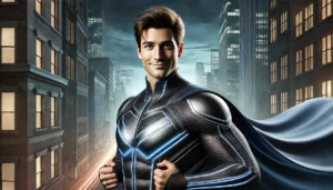 A futuristic AI-generated digital portrait, featuring a guest transformed into a space explorer, displayed at Milestone NJ.