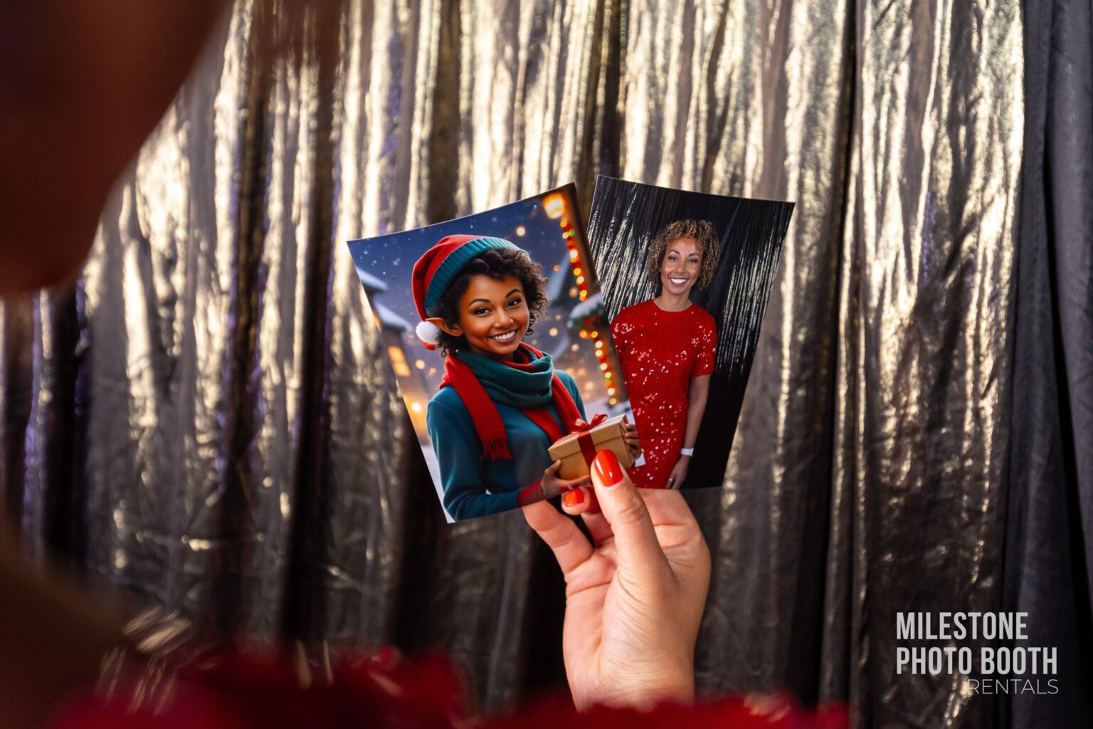 A movie poster-style AI-generated portrait, featuring a guest as a superhero character, displayed at Milestone NJ.