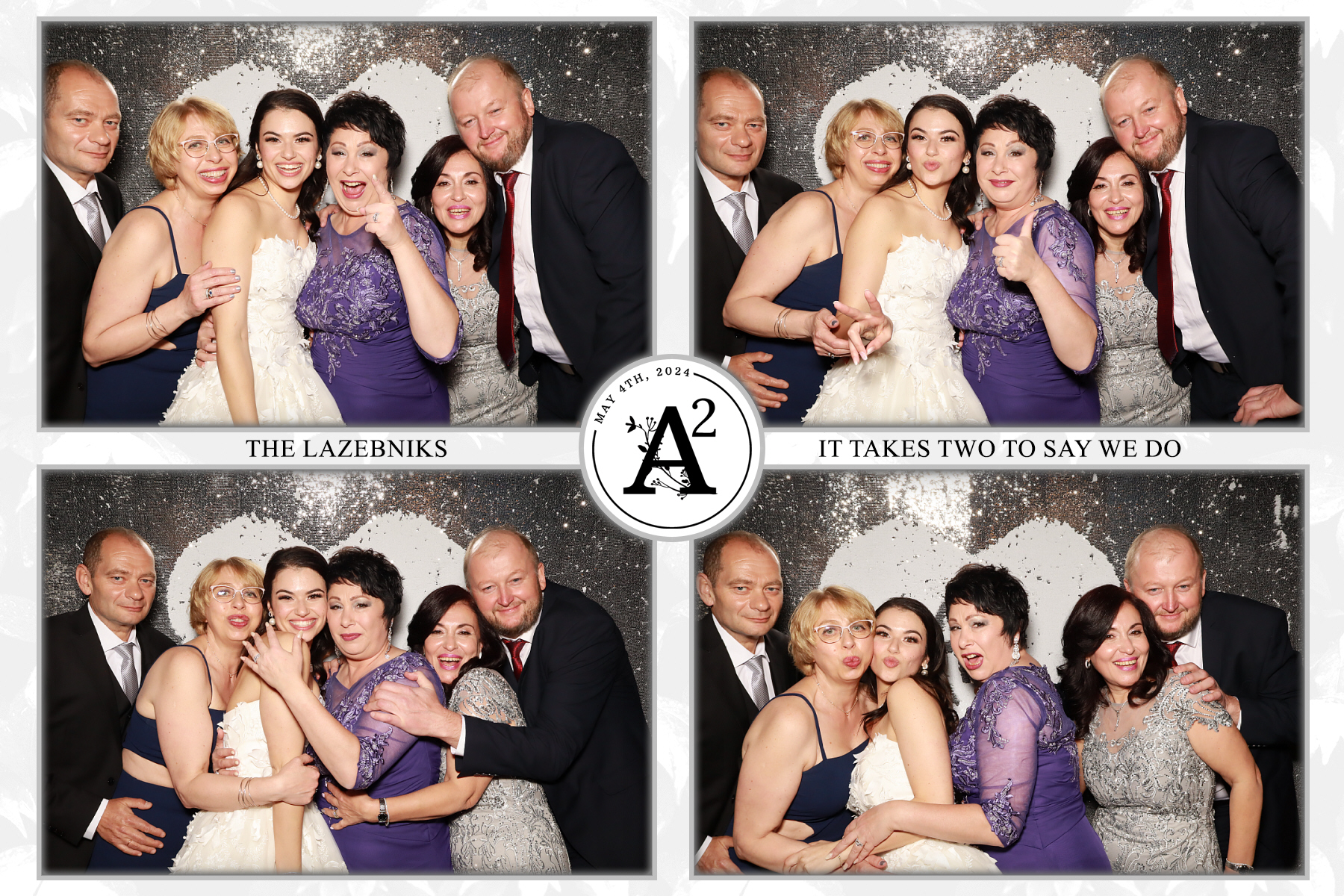 A wedding guest posing next to a decorative backdrop.