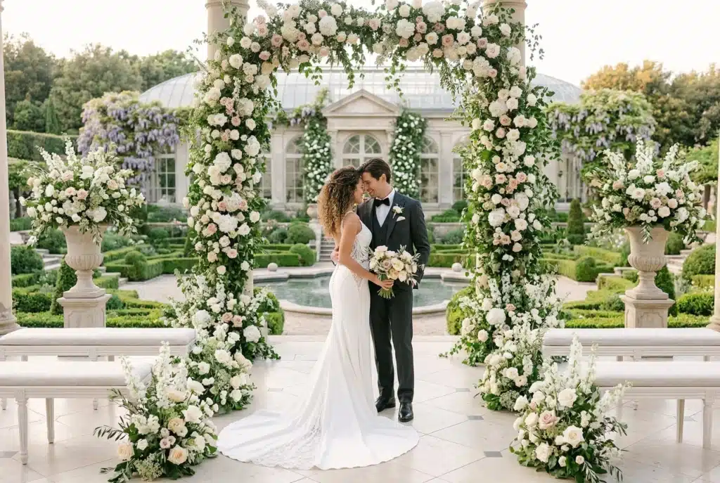 Luxury garden wedding ceremony with bride and groom under floral arch surrounded by elegant white and greenery arrangements