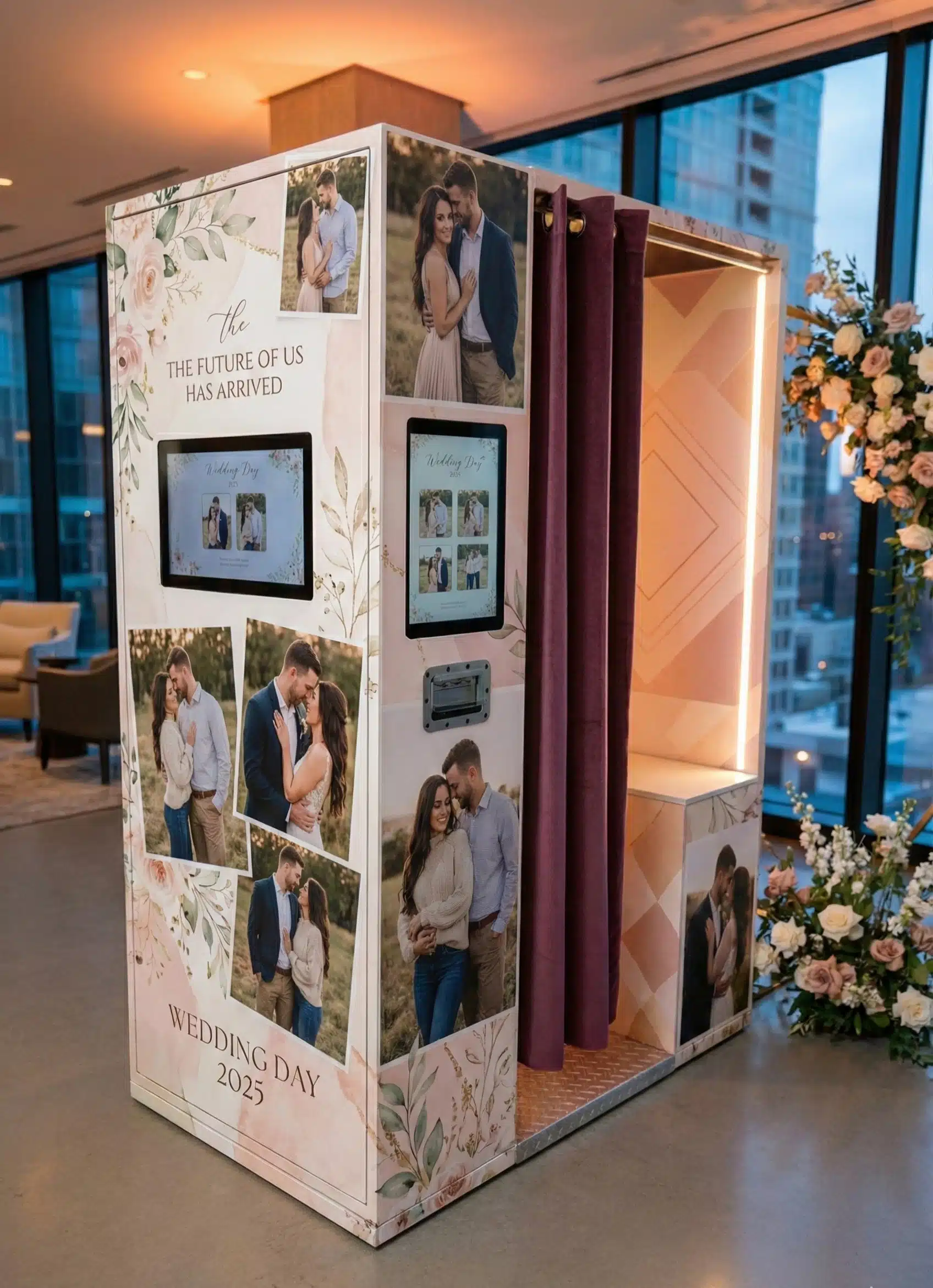 Enclosed photo booth with guests inside creating private photo moments