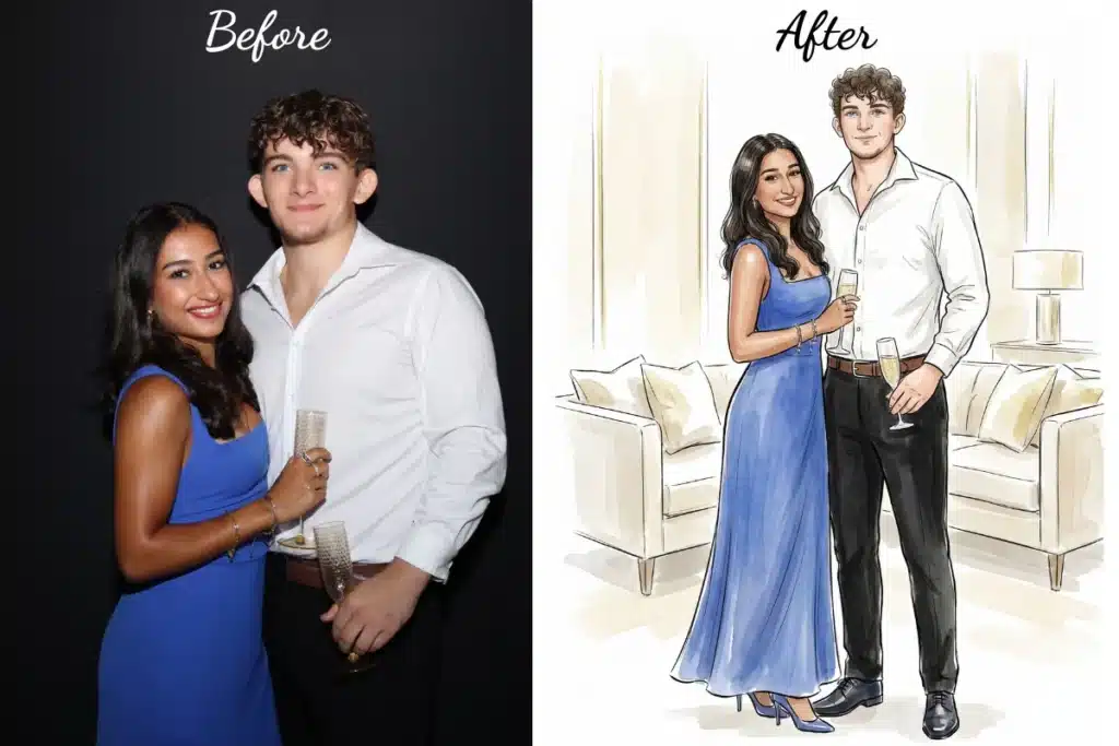 Wedding couple before and after AI fashion sketch transformation
