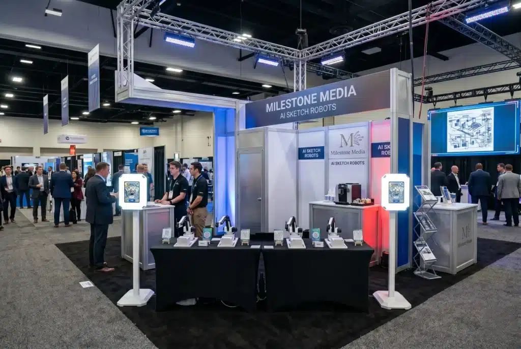 AI Sketch Robots trade show booth by Milestone Media at a Las Vegas convention, featuring robotic portrait drawing stations, branded displays, and attendees engaging with interactive technology
