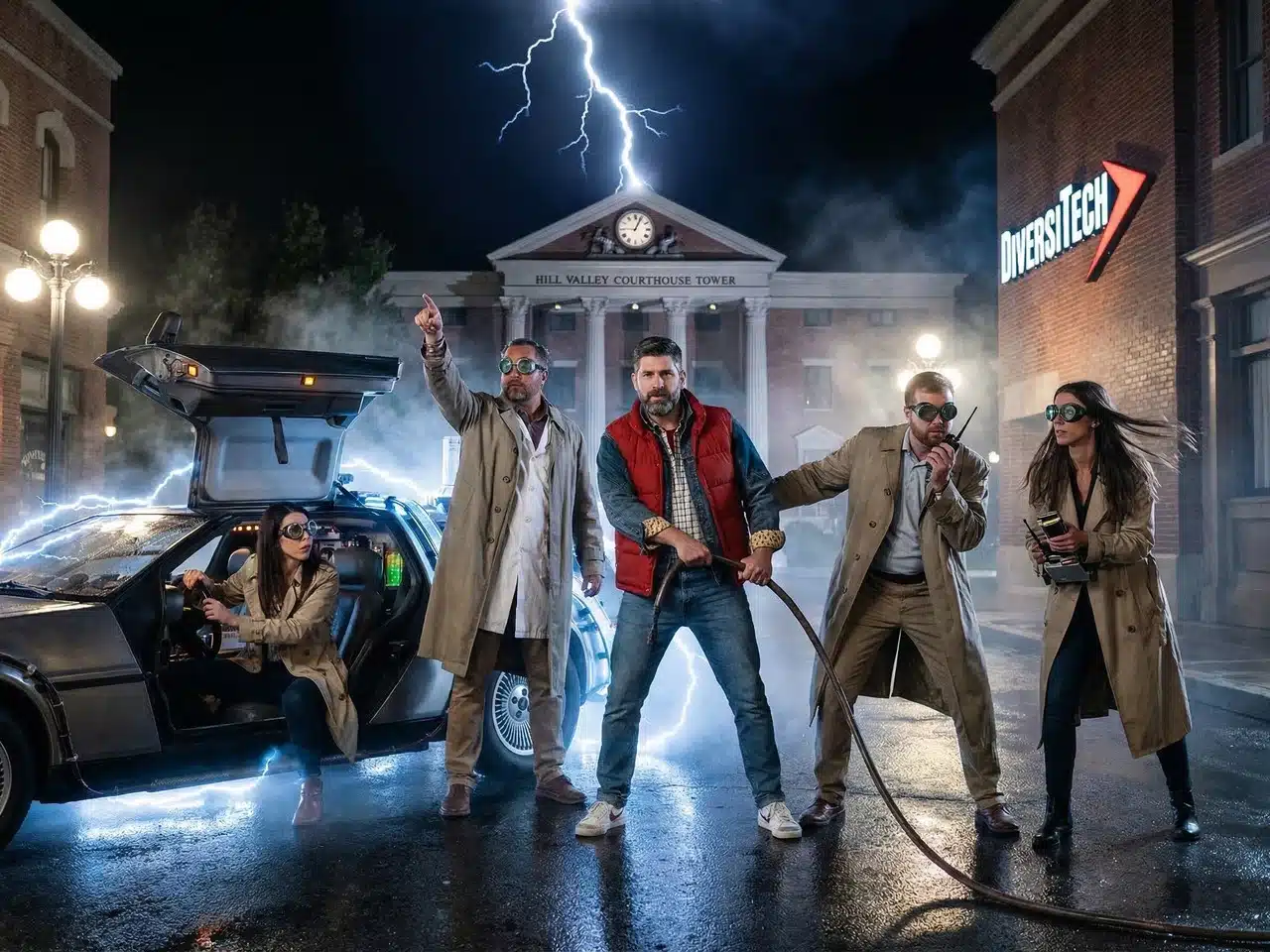 Attendees in a Back to the Future-themed AI photo booth scene with a DeLorean and DiversiTech branding at a trade show activation