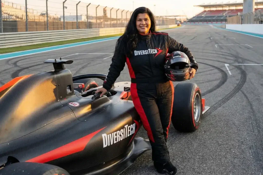 Attendee transformed into a Formula 1 driver with DiversiTech branding at an AI photo booth for trade show activation.