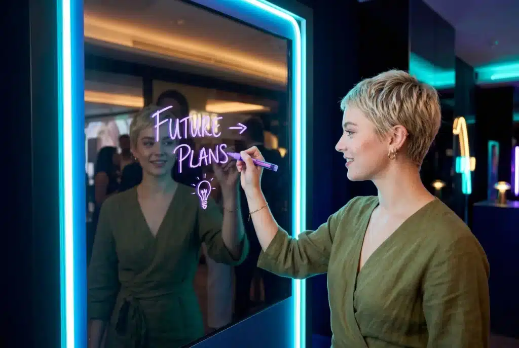 Guest interacting with Scribble Booth, writing “Future Plans” on transparent screen during immersive brand activation