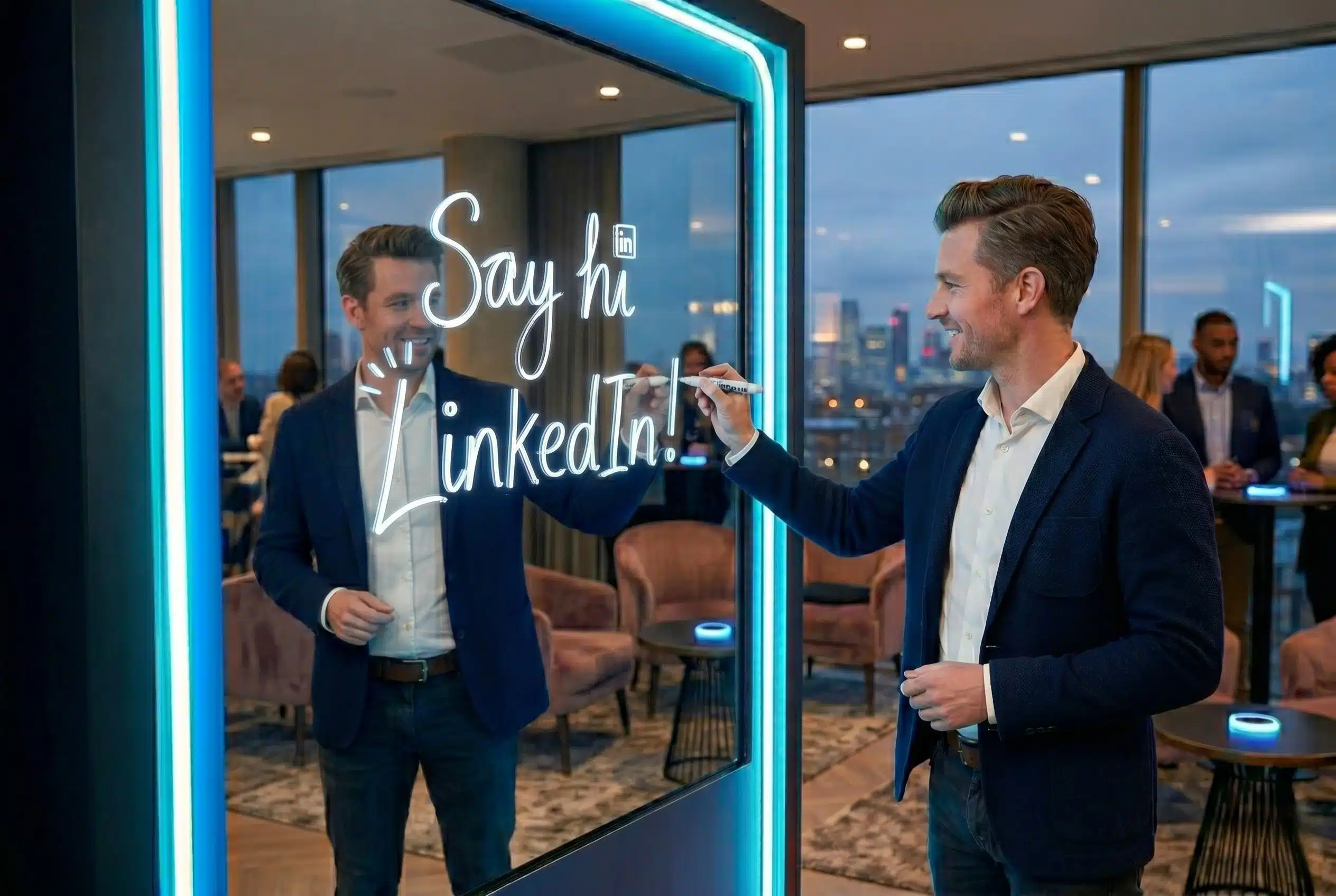 Scribble Booth brand activation with attendee creating LinkedIn message on interactive glass display
