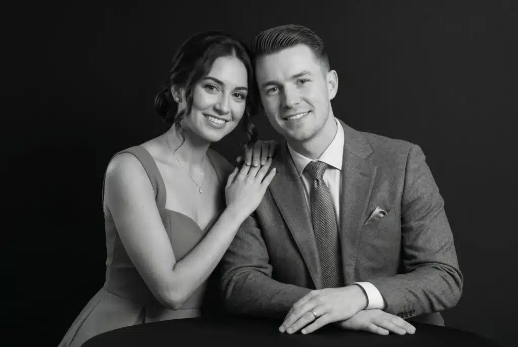 Couple portrait in formal attire taken in wedding portrait studio