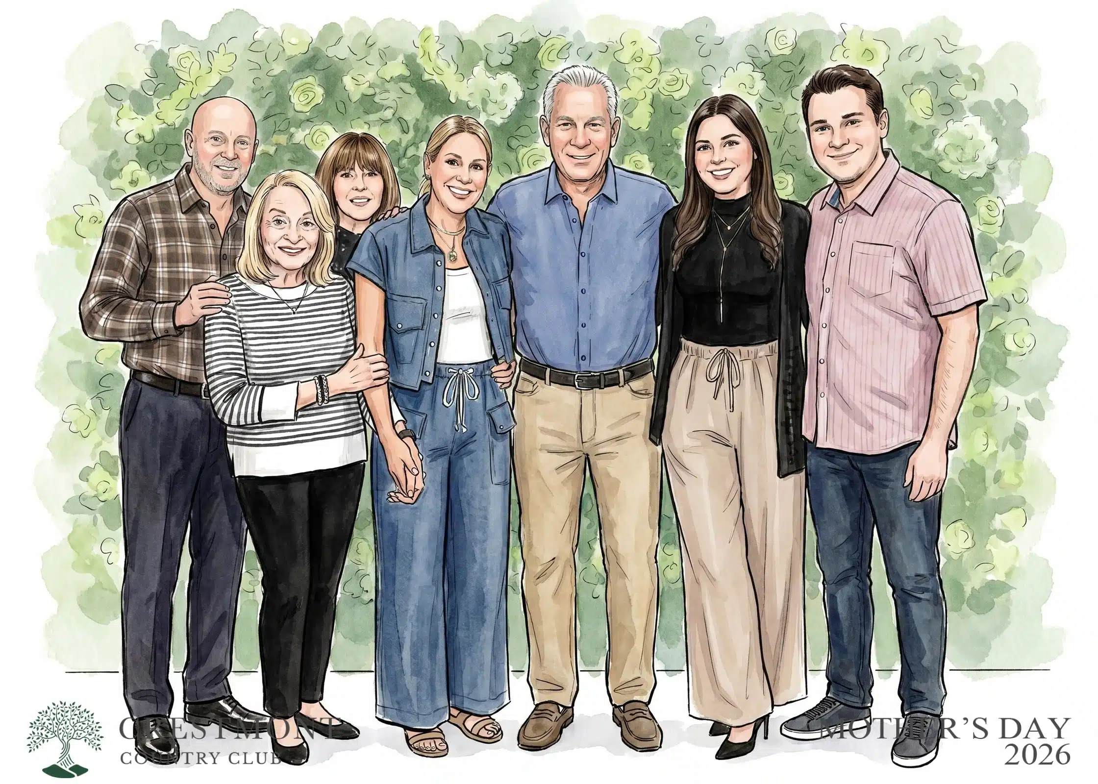 AI Fashion Sketch photo booth output from Crestmont Country Club's Mother's Day Brunch 2026 in West Orange, NJ, showing a group of seven family members illustrated in front of a greenery flower wall backdrop