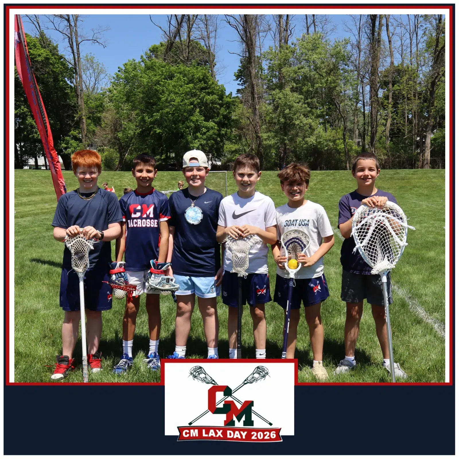 Six young boys holding lacrosse sticks and gloves on a sunny field, framed in a CM LAX Day 2026 photo booth border