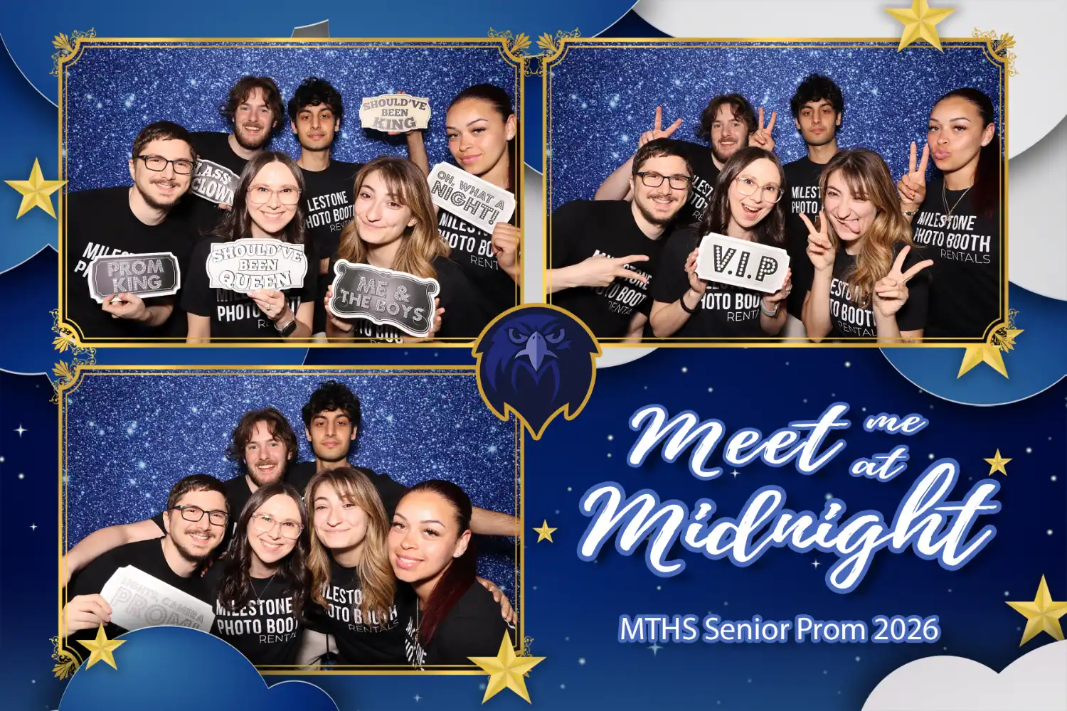 Milestone team photo strip with the Meet Me at Midnight design and MTHS eagle logo from our NJ prom photo booth rental at Senior Prom 2026
