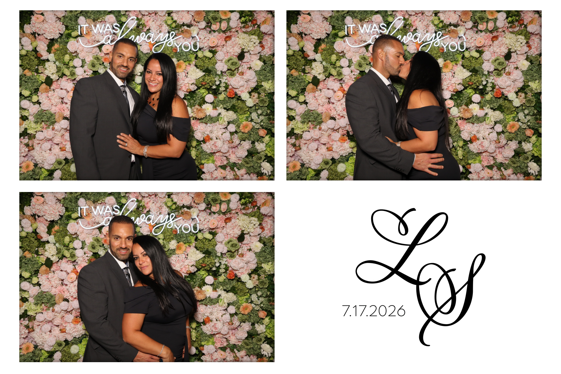 Three pose photo booth print of wedding guests at a flower wall with an It was always you neon sign and custom monogram