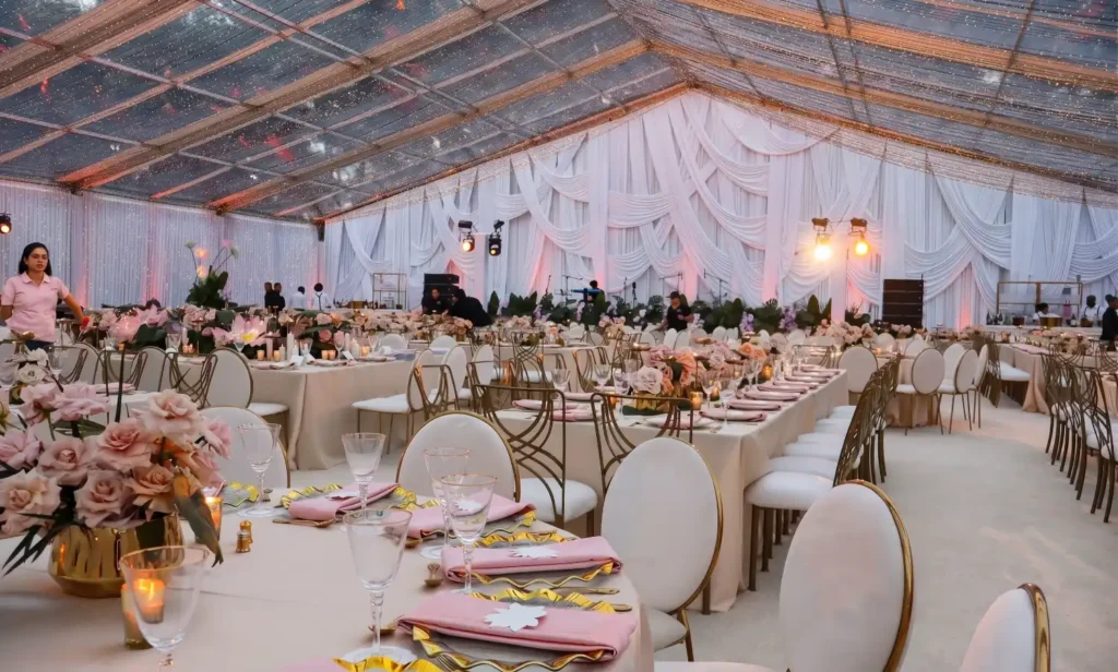 Tented reception setup at Rajitha and Ambar's engagement celebration in Monmouth Junction, NJ