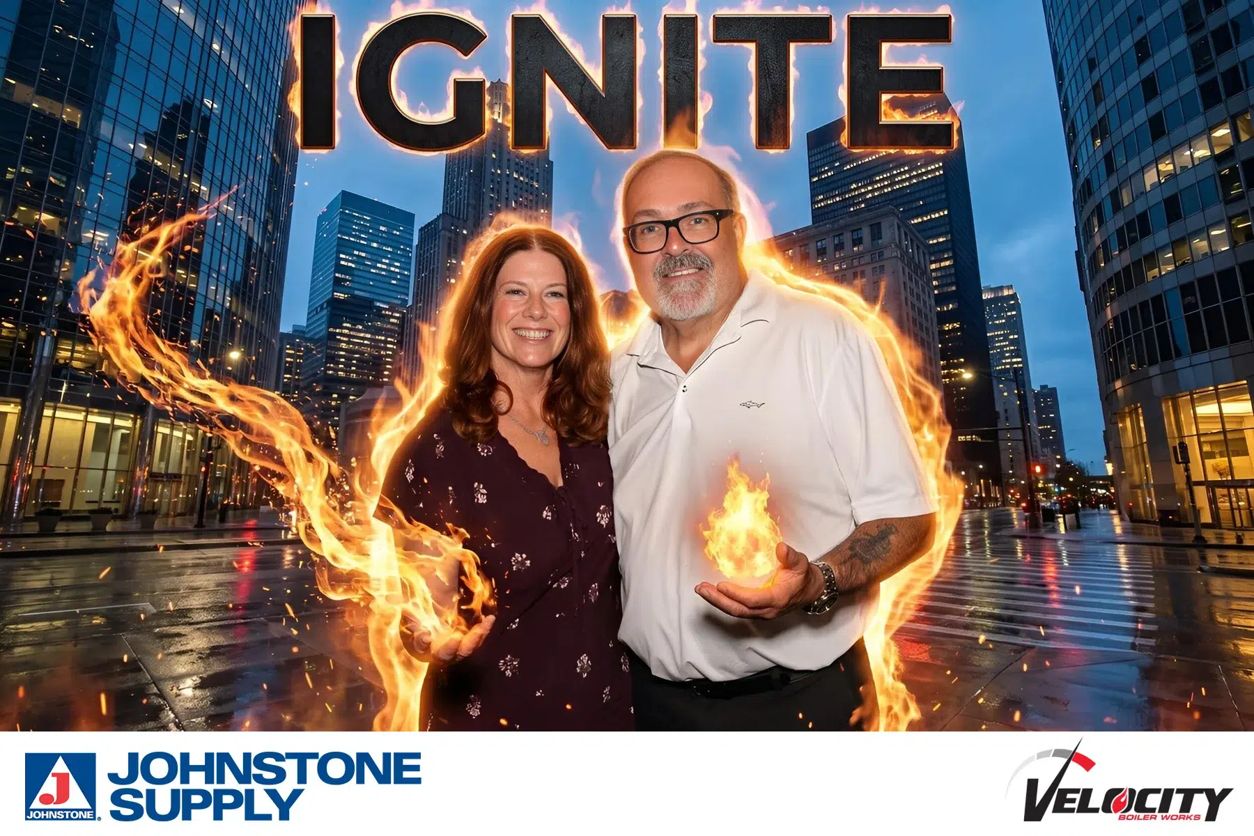 AI photo booth result showing an Ignite fire effect portrait with guests surrounded by swirling flames, created by Milestone