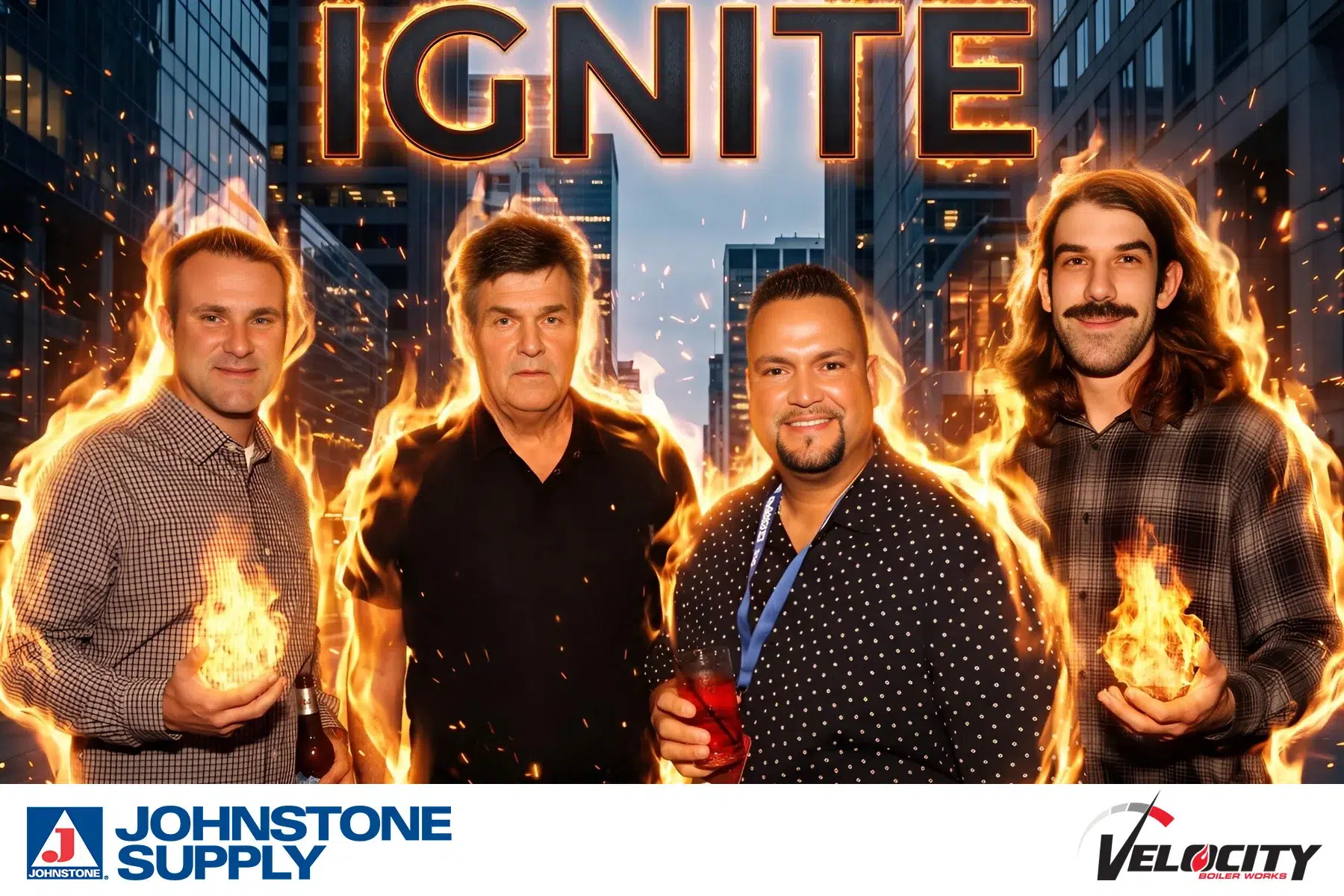 AI photo booth result showing an Ignite fire effect portrait with guests surrounded by swirling flames, created by Milestone