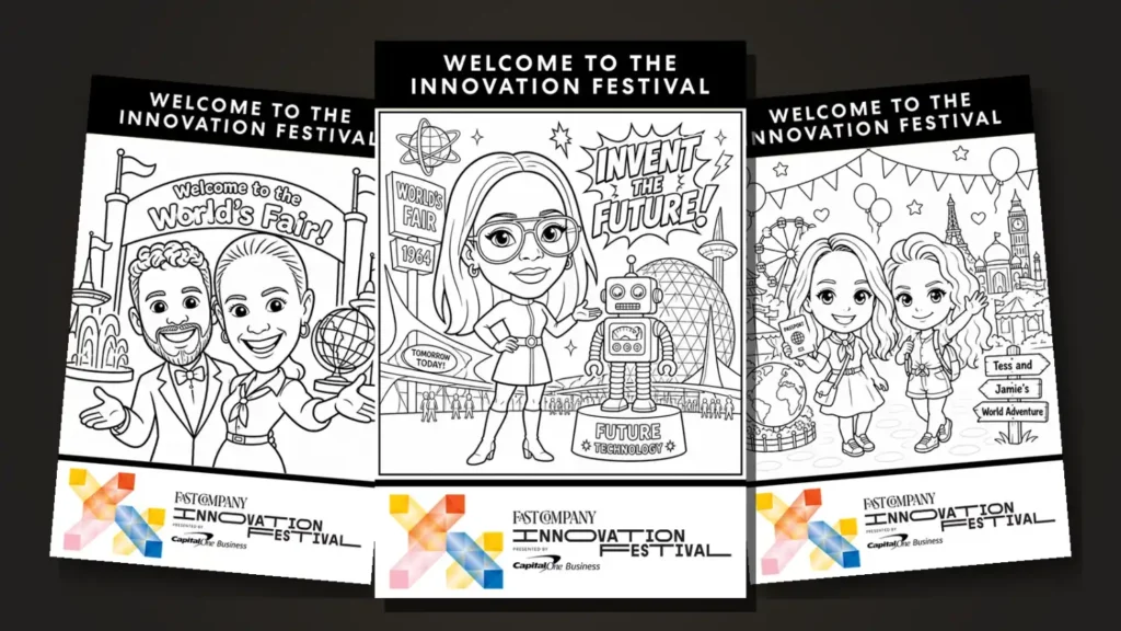 Three sketch bots portraits from the Fast Company Innovation Festival with World’s Fair scenes and Capital One Business branding