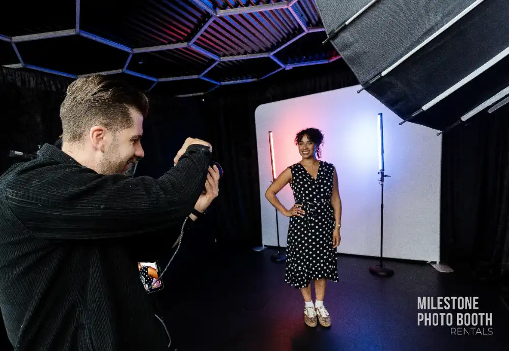 Behind the scenes of an on-site corporate headshots session with studio lighting