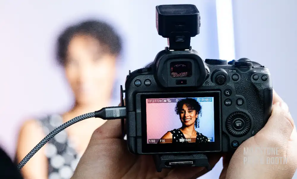 Camera preview of a corporate headshot during an on-site session
